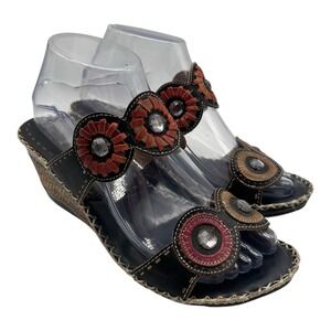 Spring Step L'artiste Taffy Sandals Women EU 38 US 7.5-8 Navy Blue Wedge Slip On